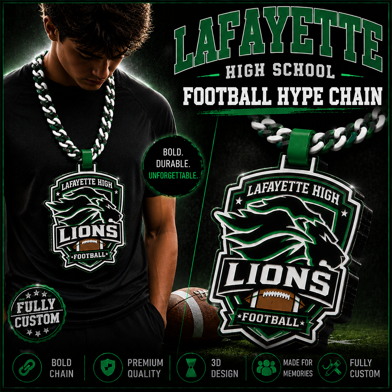 LHS Football Tri Color Cuban Link style Hype Chain